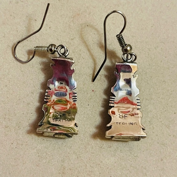 Native American Navajo Sterling Silver Malachite Dangle Earrings Signed - Picture 7 of 10